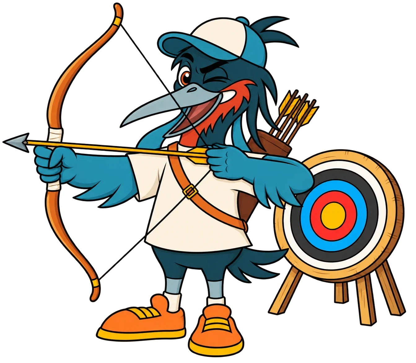 Naki, la mascota oficial de los Juegos Córdoba–Sucre 2027: una garza Agamí con gorra, camiseta y tenis, que tensa un arco frente a una diana de tiro con arco.
