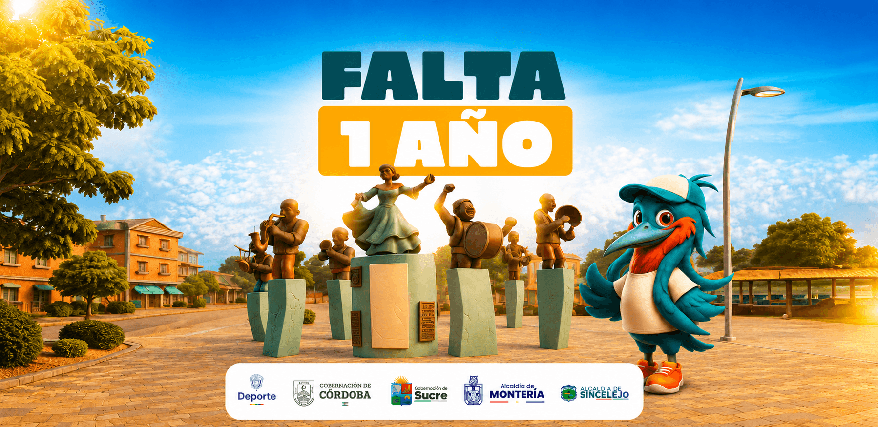 Falta 1 año para los Juegos Córdoba–Sucre 2027. Naki, la mascota oficial, posa junto a un monumento de músicos y una bailarina, sobre los escudos del Ministerio del Deporte, las gobernaciones de Córdoba y Sucre y las alcaldías de Montería y Sincelejo.